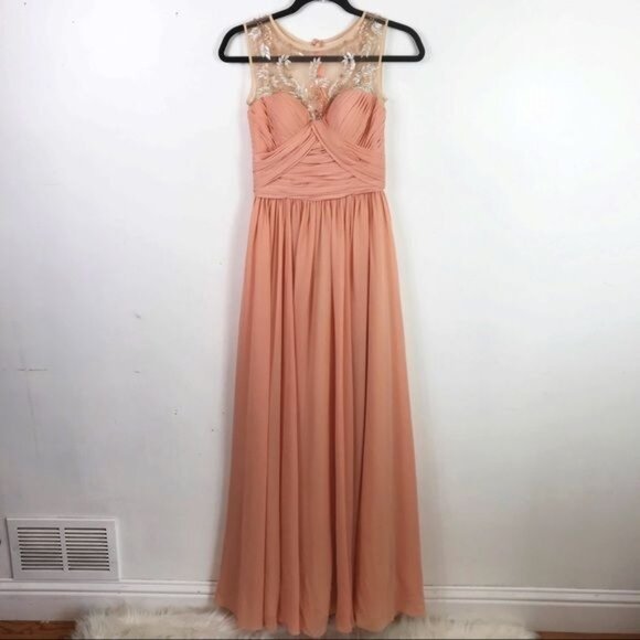 Franssical peach beaded gown with sheer panels & crew neck ruched dress 2 - Picture 4 of 11